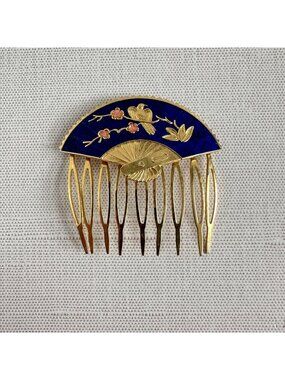 Vintage Gold-Tone Hair Comb With Blue Enamel Fan Design & Bird Motif 2 1/8" x 2"